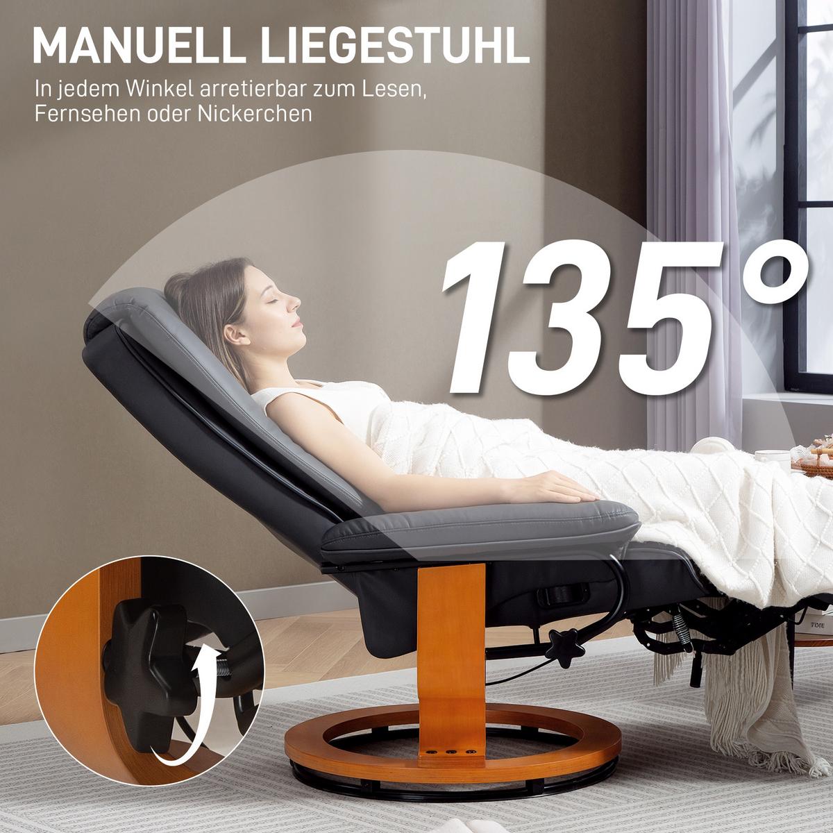 RELAXSESSEL, drehbarer TV-Sessel, Liegefunktion, Fußstütze Lederoptik Dunkelgrau - Dunkelgrau, Leder/Holzwerkstoff (88/103/78cm) - HOMCOM