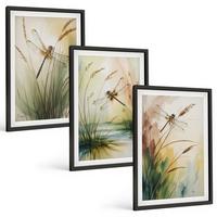 BILDER SET 3er Set - 40x60 cm Schwarzer Rahmen - Libellen im Gras, Wassermalerei - Schwarz, Kunststoff (40/60cm) - TULUP