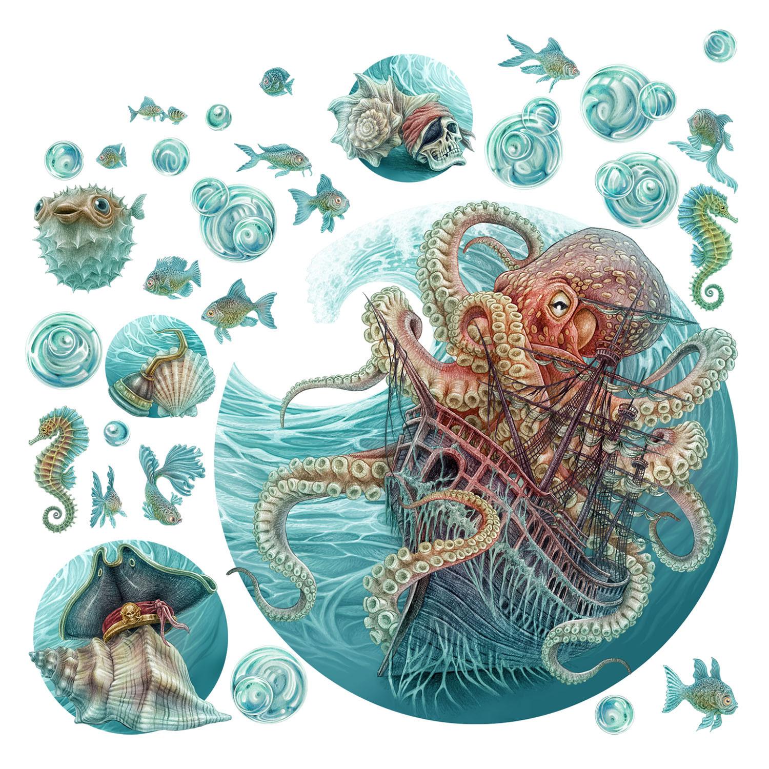 WANDAUFKLEBER 60x70cm - Die Welt des Oktopus - Multicolor, Kunststoff (60/70/0.1cm) - Wallfluent