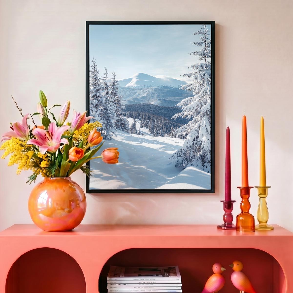 LEINWAND Bilder mit Rahmen - Winterlandschaft - Natur - Berge - Bäume - Schnee - 30x40 - Hellblau, Textil (30/40cm) - MuchoWow