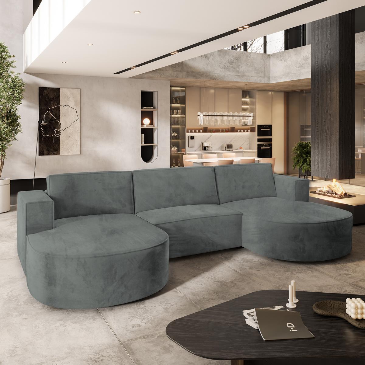 WOHNLANDSCHAFT VEZZO M Grau Velours-Stoff mit Schlaffunktion - Grau, Holz (347/85/174cm) - MASSENO