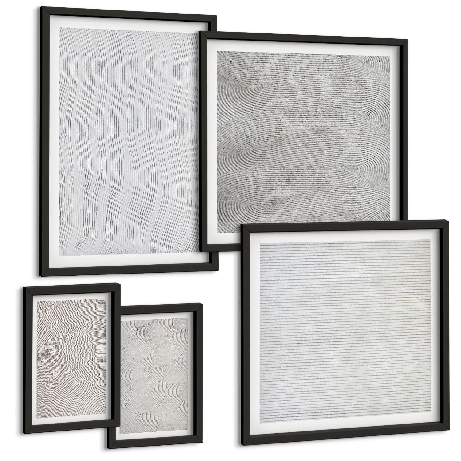 BILDER SET 5er Set - 50x50 cm & 20x30 cm & 40x60 cm Schwarzer Rahmen - Sandmuster geometrische Strukturen - Schwarz, Kunststoff (40/60cm) - TULUP