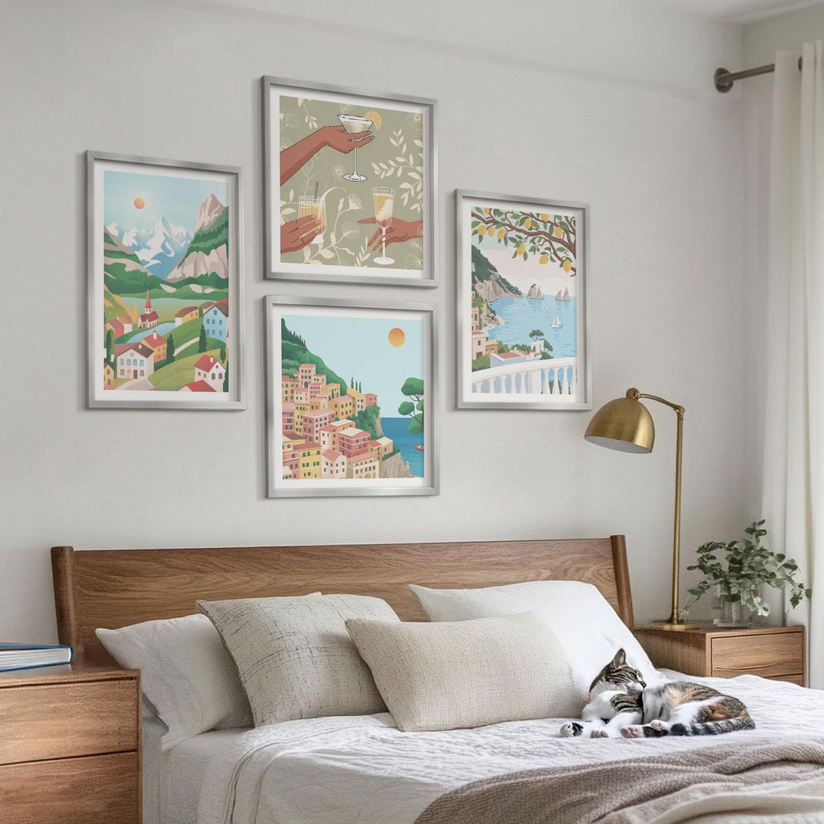 BILDER SET 4er Set - 50x50 cm & 40x60 cm Silberner Rahmen - Pastellfarbene Küstenhäuser - Silberfarben, Kunststoff (50/50cm) - TULUP
