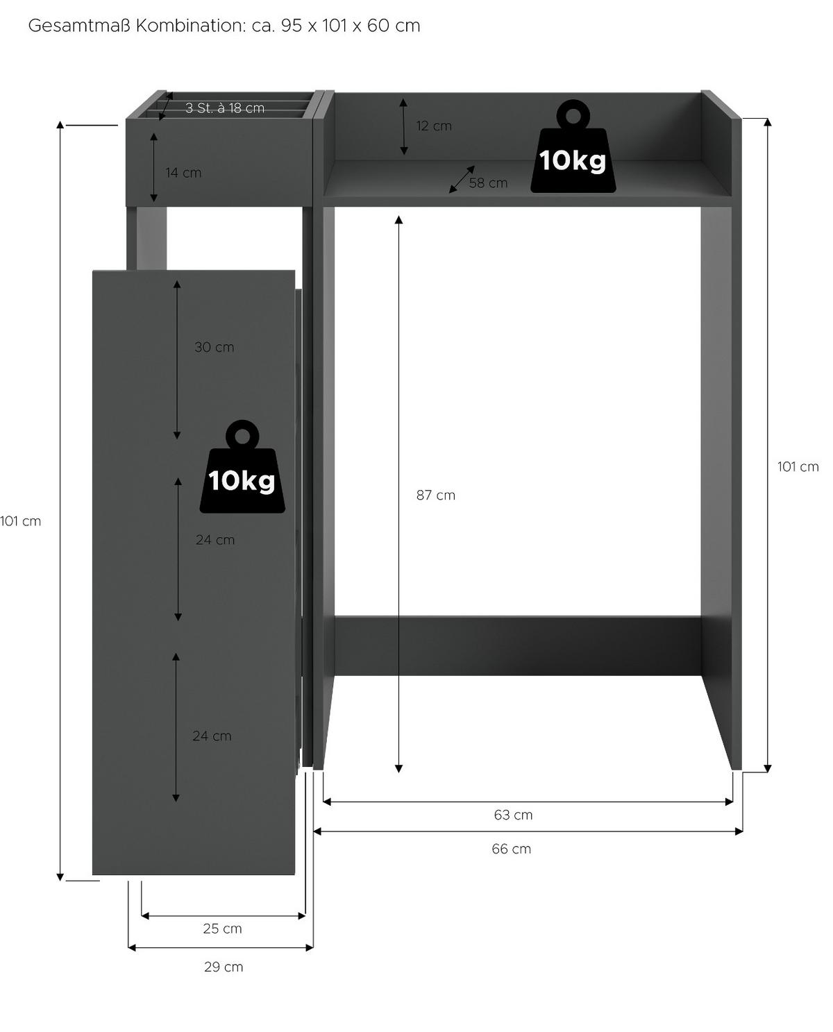 WASCHMASCHINENUMBAU Set grau 2-teilig, Überbauschrank und Anstellregal - Schwarz/Grau, Holzwerkstoff/Metall (95/101/60cm) - Inn.Furn