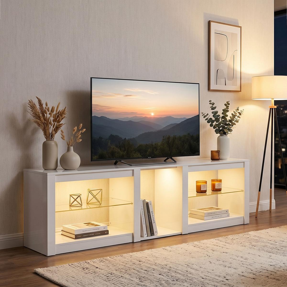 TV-LOWBOARD Spanplatte Glas Weiß - Weiß Hochglanz, Glas/Holzwerkstoff (35/52/160cm) - HOMCOM
