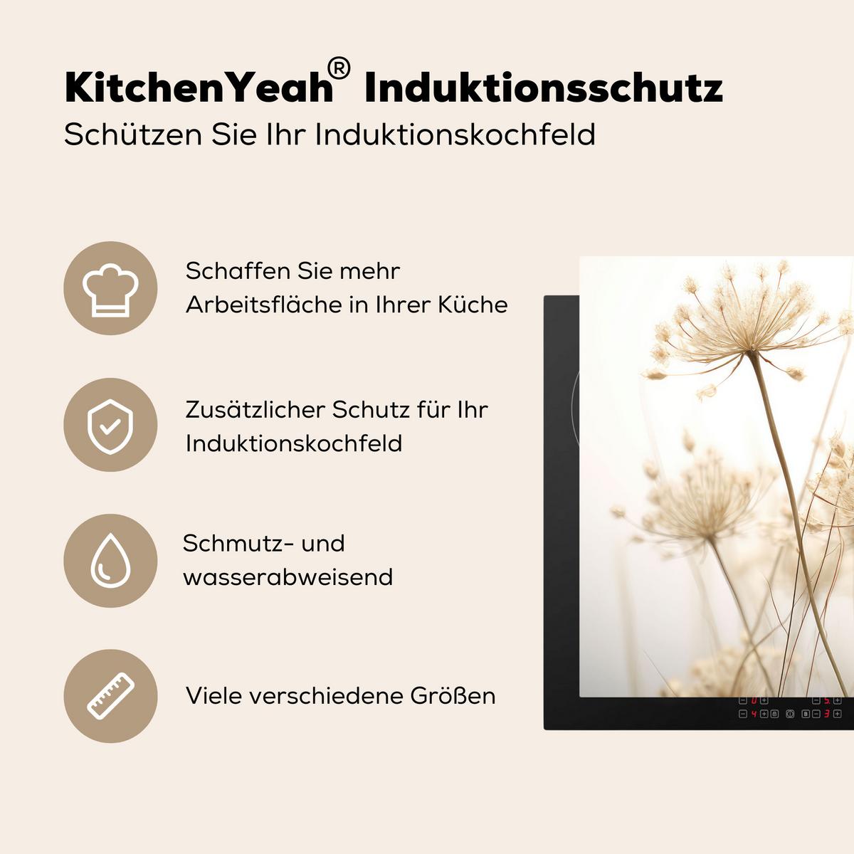 HERDABDECKPLATTE Blumen - Weiß - Sonnenlicht Induktionsmatte 77x59 cm - Ecru, Kunststoff (77/59/0.2cm) - MuchoWow