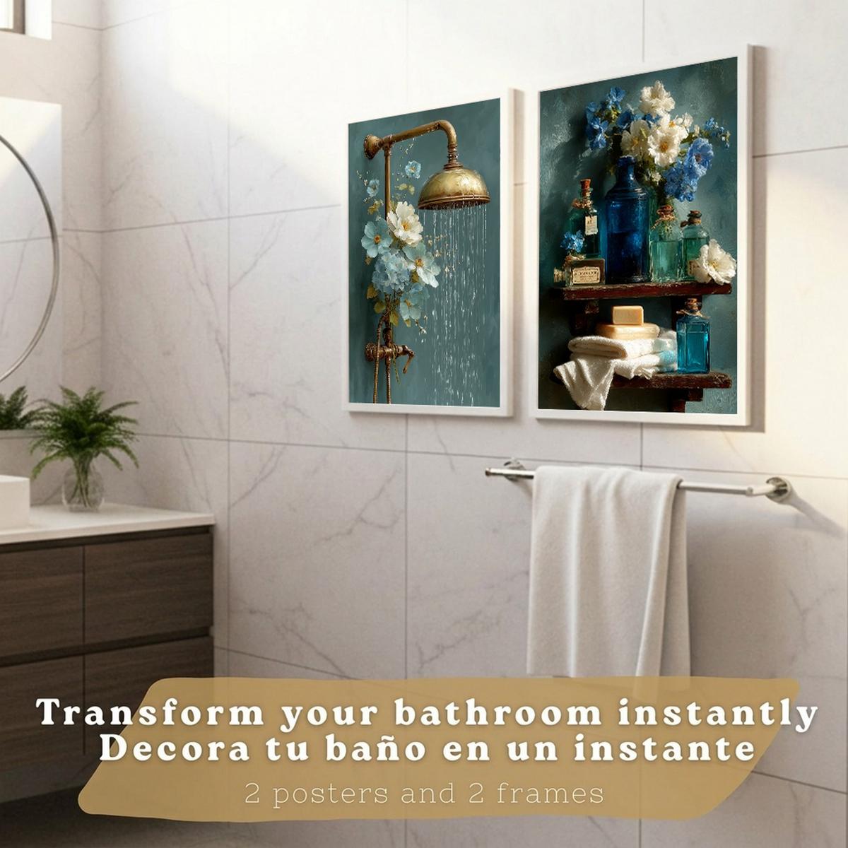POSTER 2er-Set dekorative Badezimmer-Wandbilder, ästhetische Dusche und WC, Badezimmerdekoration mit Blumen Flaschen und Dusche Weißer Rahmen A4 - Weiß, Papier (29.7/21/3cm) - Nacnic