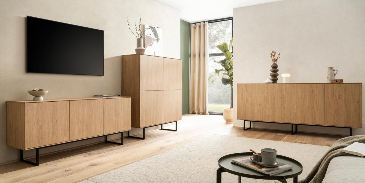 SIDEBOARD Stone Eiche, Kommode 200 x 90 cm, mit Push-to-Open - Eichefarben/Schwarz, Holzwerkstoff/Metall (200/90/40cm) - Furn.Design