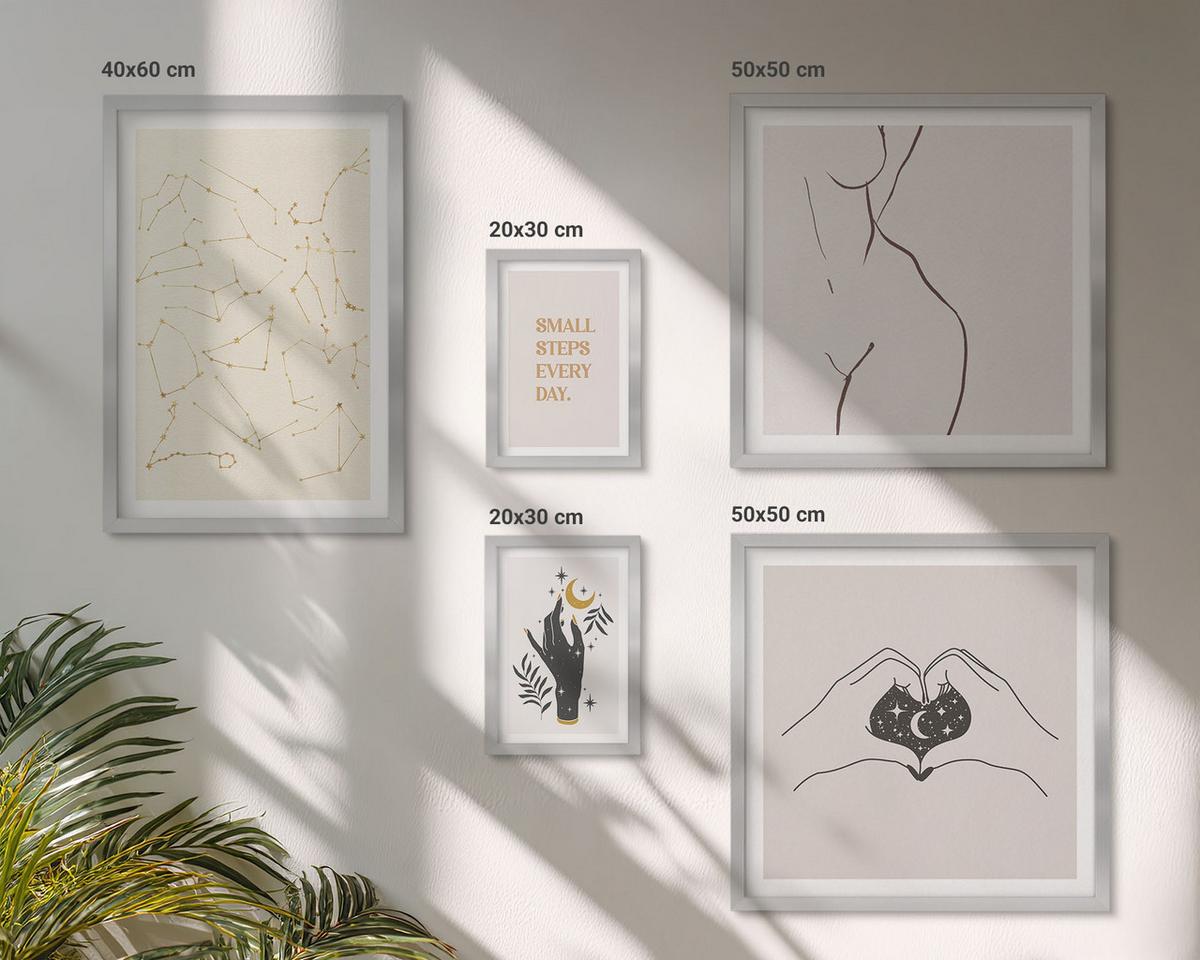 BILDER SET 5er Set - 50x50 cm & 20x30 cm & 40x60 cm Silberner Rahmen - Minimalistische Boho-Illustrationen - Silberfarben, Kunststoff (40/60cm) - TULUP
