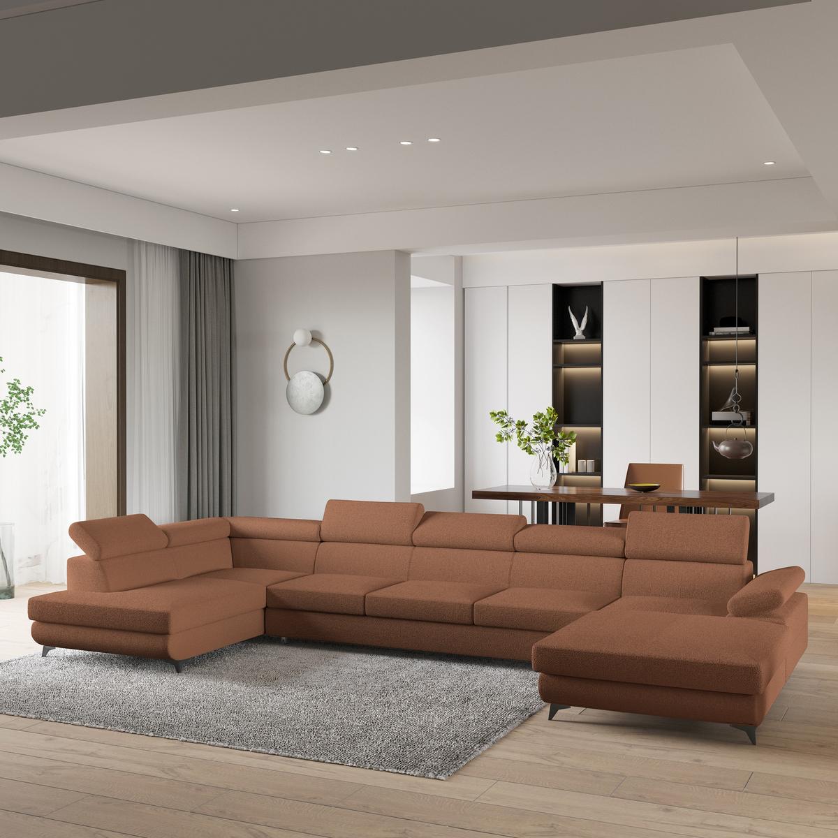 WOHNLANDSCHAFT MONTIVA Kupferfarben Boucle-Stoff mit Schlaffunktion - Kupferfarben, Holz (410/89/190cm) - MASSENO