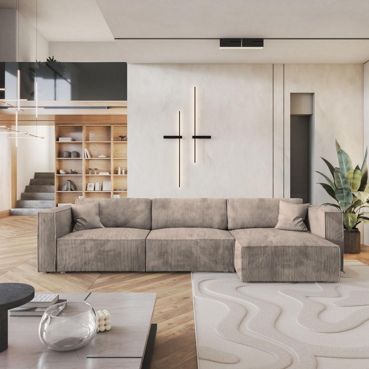 ECKSOFA TOLMO P Beige Kordstoff mit Schlaffunktion - Beige/Grau, Holz/Kunststoff (347/148cm) - MASSENO