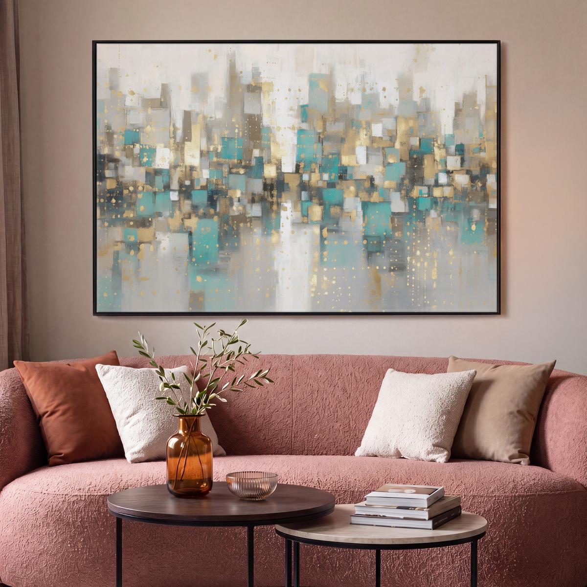 LEINWAND Bilder mit Rahmen - Abstrakt - Blöcke - Gold - Skyline - 140x90 - Beige, Textil (140/90cm) - MuchoWow