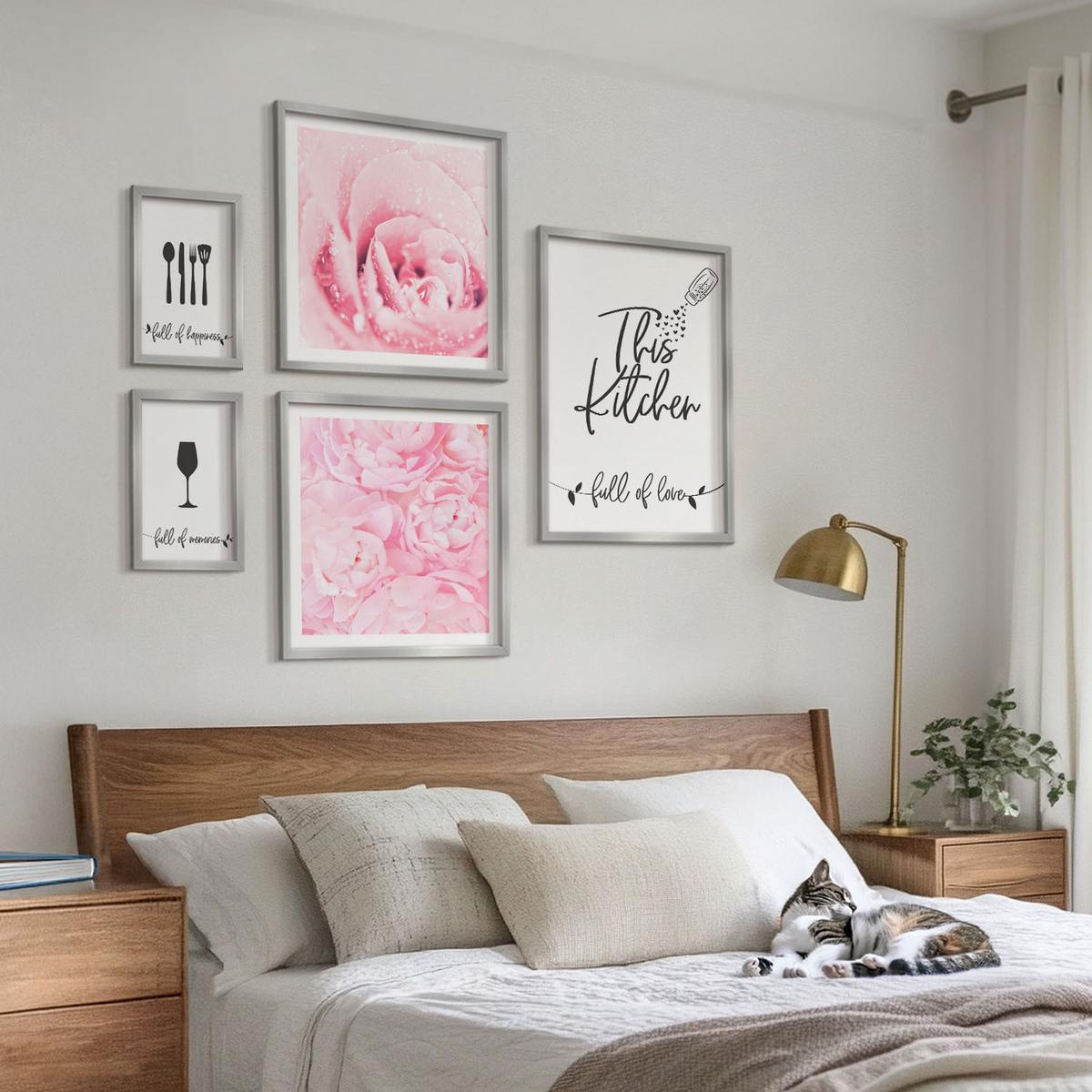 BILDER SET 5er Set - 50x50 cm & 20x30 cm & 40x60 cm Silberner Rahmen - Zen-Gemälde, Wassersteine, Buddha - Silberfarben, Kunststoff (40/60cm) - TULUP