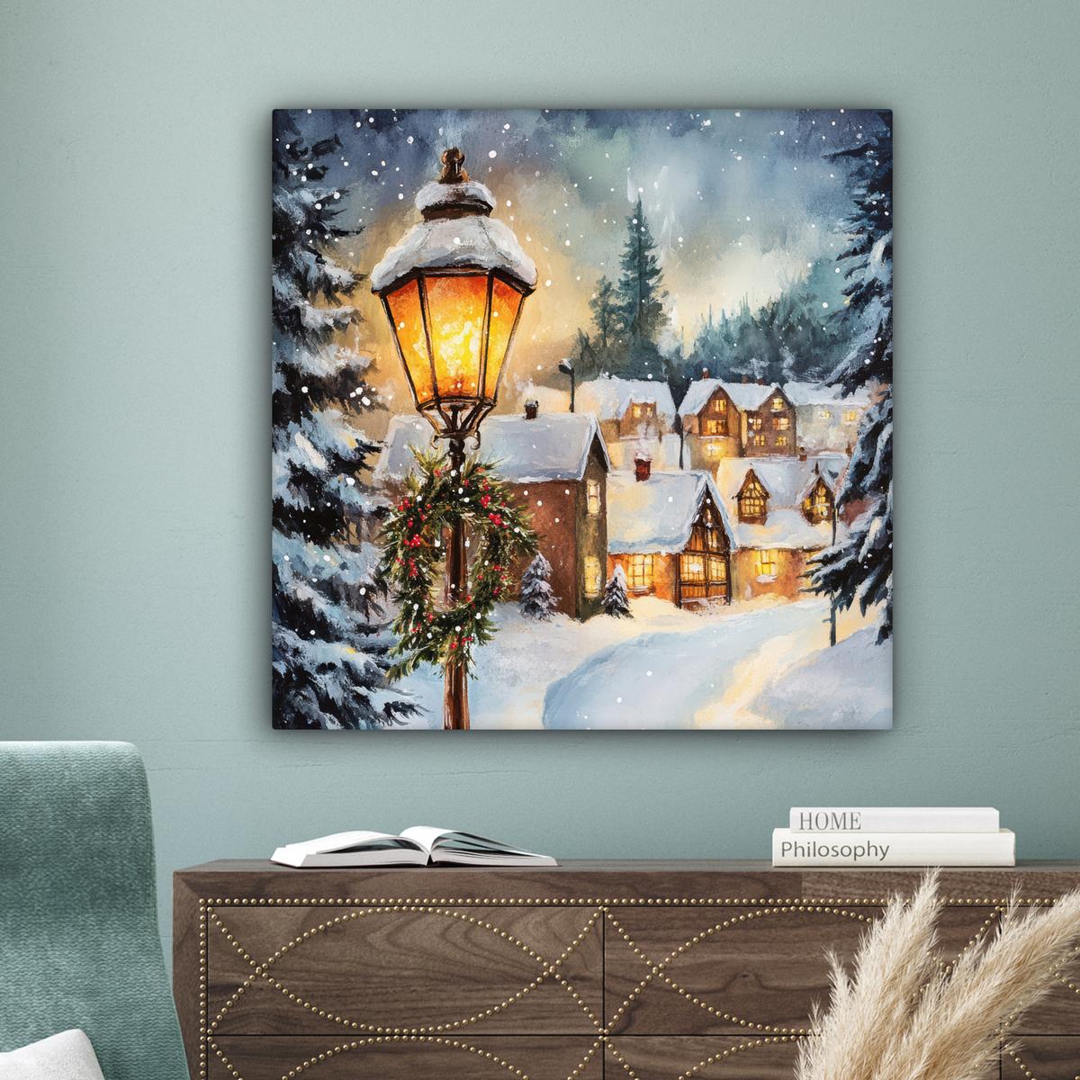 LEINWANDBILD Weihnachtsdorf - Häuser - Schnee - Weihnachten Deko Groß 90x90 cm - Sandfarben, Textil (90/90cm) - MuchoWow