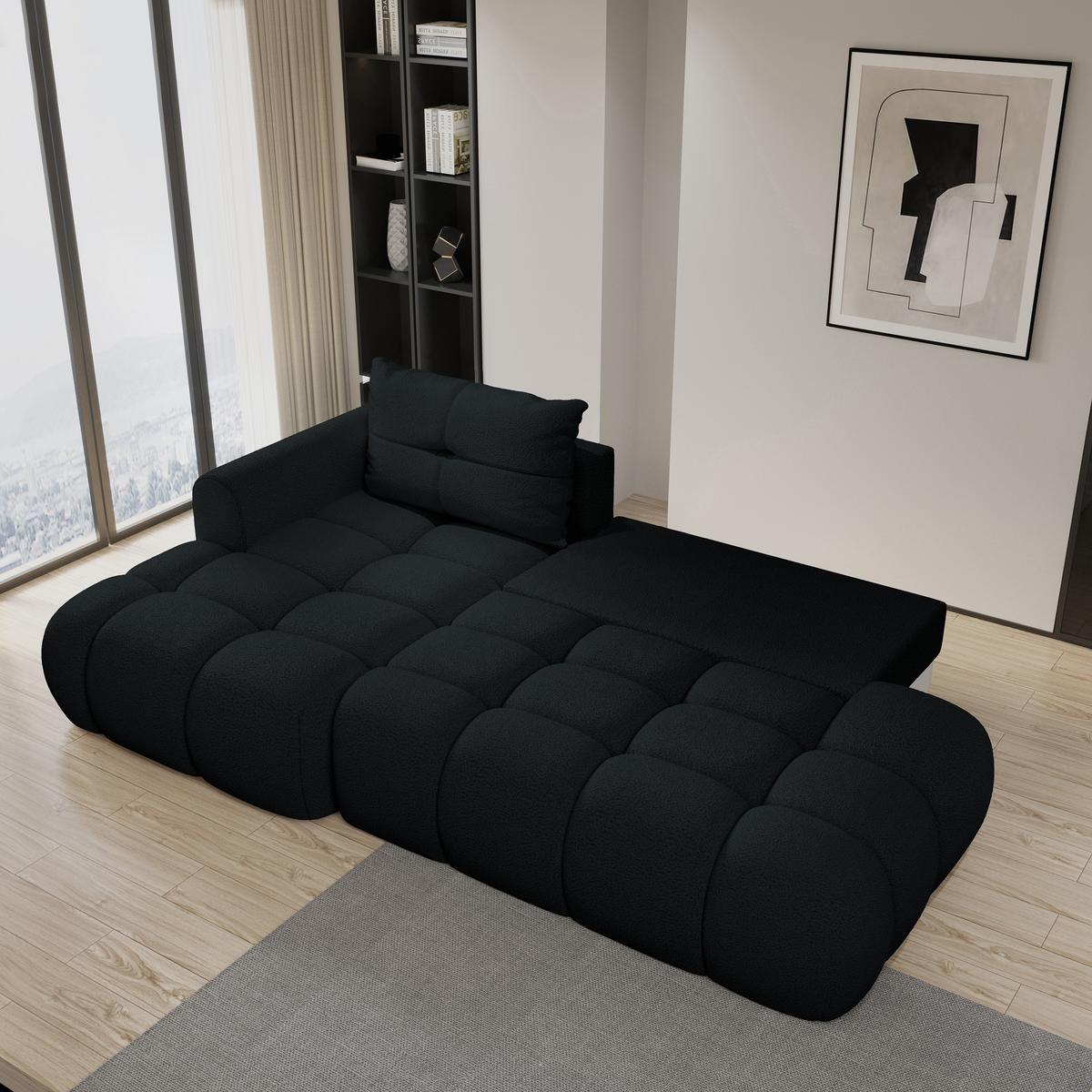 ECKSOFA FLUMA L-S Schwarz Boucle-Stoff mit Schlaffunktion - Schwarz, Holz (279/158cm) - MASSENO