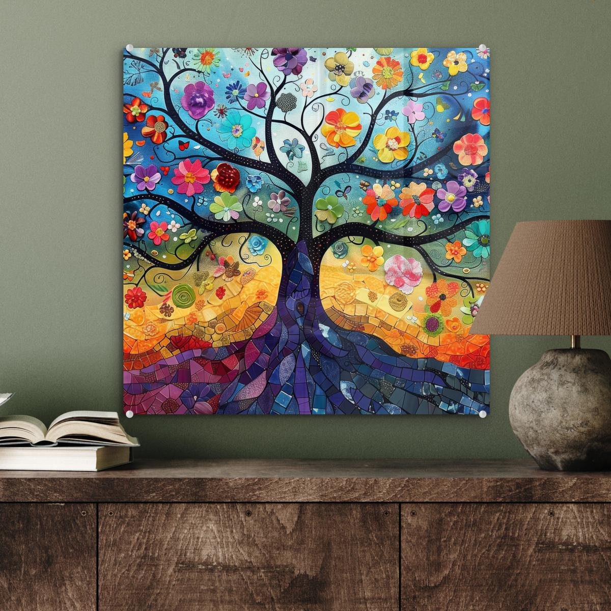 ACRYLGLASBILD Kunst - Baum des Lebens - Blumen - Hippie 50x50 cm - Dunkelblau, Glas (50/50cm) - MuchoWow