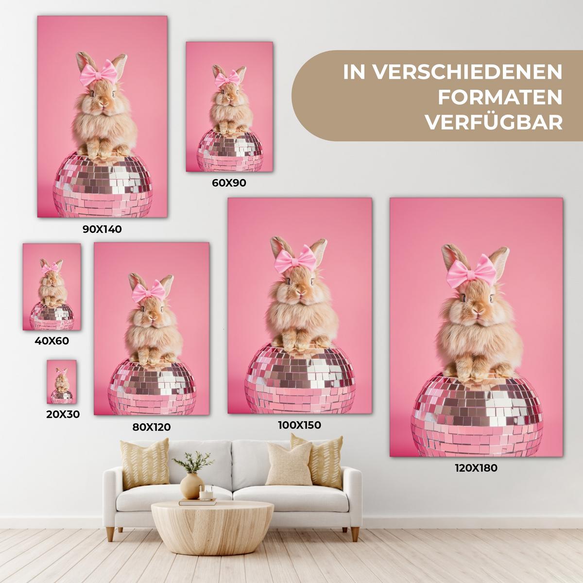 LEINWANDBILD Schleife - Discoball - Kaninchen Deko Wohnzimmer 20x30 cm - Pink, Textil (20/30cm) - MuchoWow