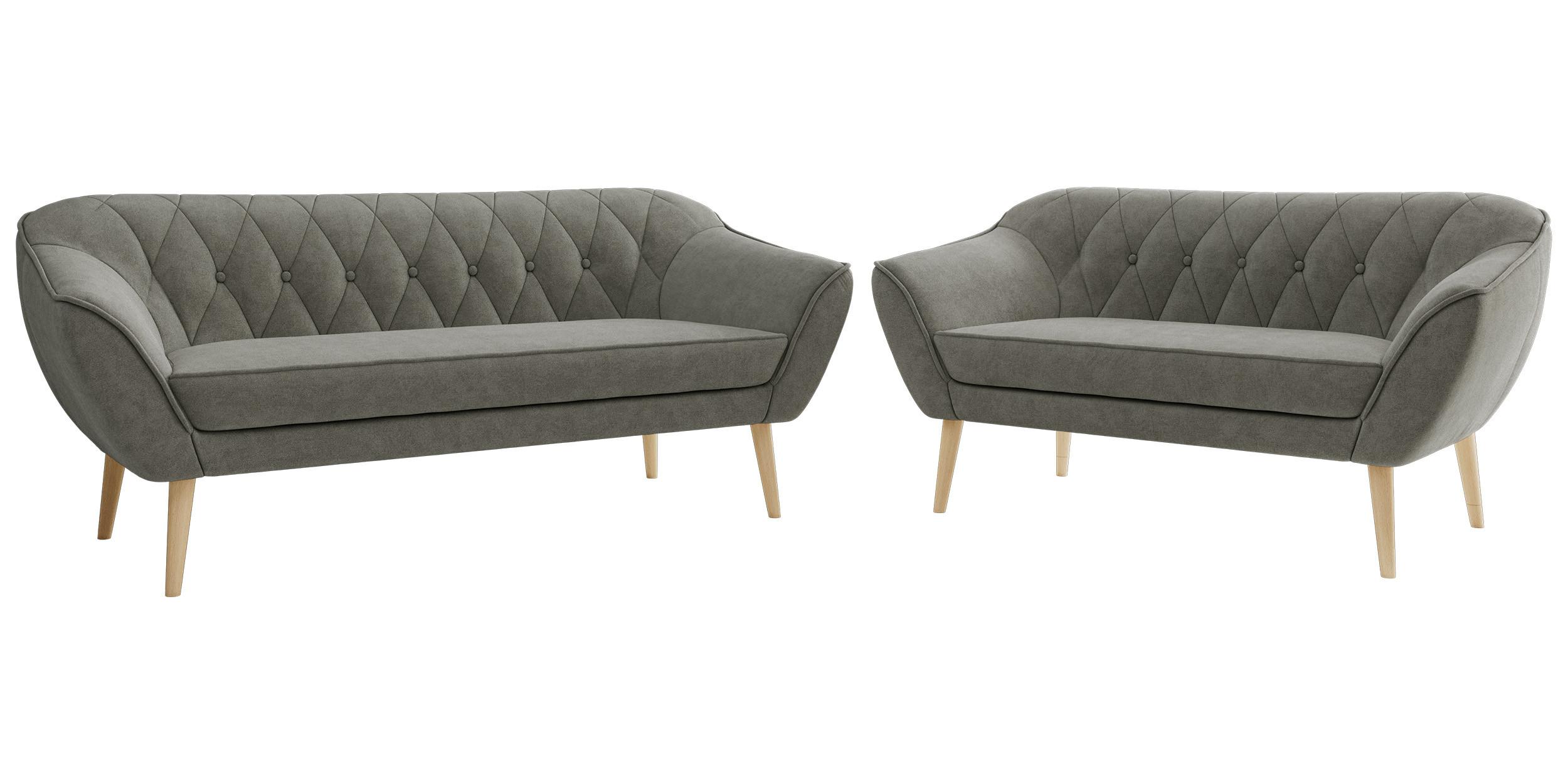 SITZGARNITUR PIRS 3+2 - Grau Strukture - Holzbeine - Platinfarben/Buchefarben, Holzwerkstoff/Textil (180/75/74cm) - MKS