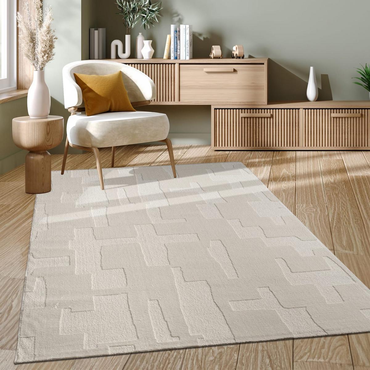 KURZFLORTEPPICH, mit Struktur, aus Polyester, Florhöhe 10 mm, Creme, 120 x 170 cm - Beige, Textil (170/120cm) - KADIMA DESIGN