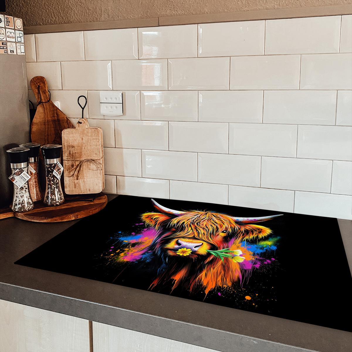 HERDABDECKPLATTE Schottischer Highlander - Graffiti - Bunt - Blume - Tiere Ceranfeldabdeckung 80x52 cm - Multicolor, Kunststoff (80/52/0.2cm) - MuchoWow