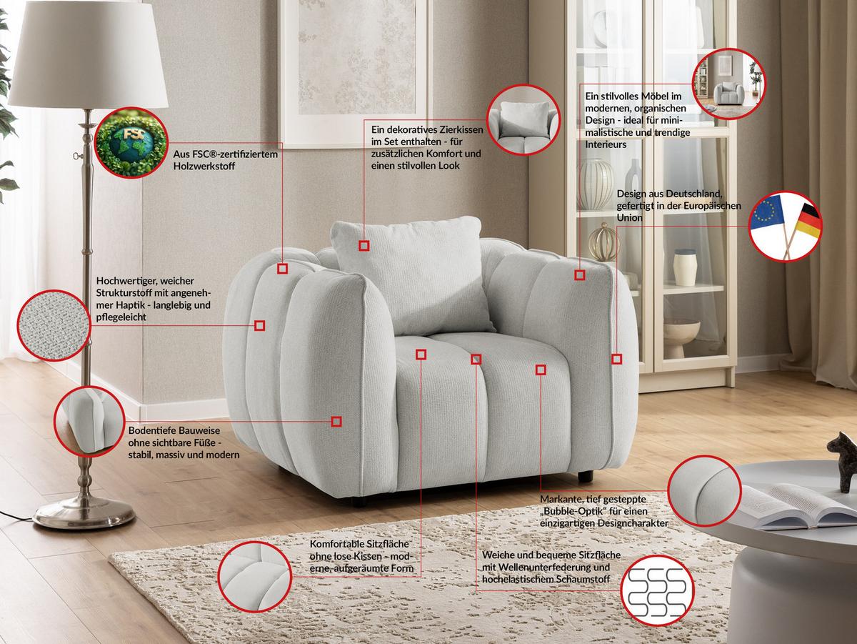 SESSEL Nubira in tief gesteppter Bubble-Optik aus weichem Hellgrau Strukturstoff im modernen Design - Hellgrau/Schwarz, Holz/Kunststoff (115/69/89cm) - S-Style Möbel