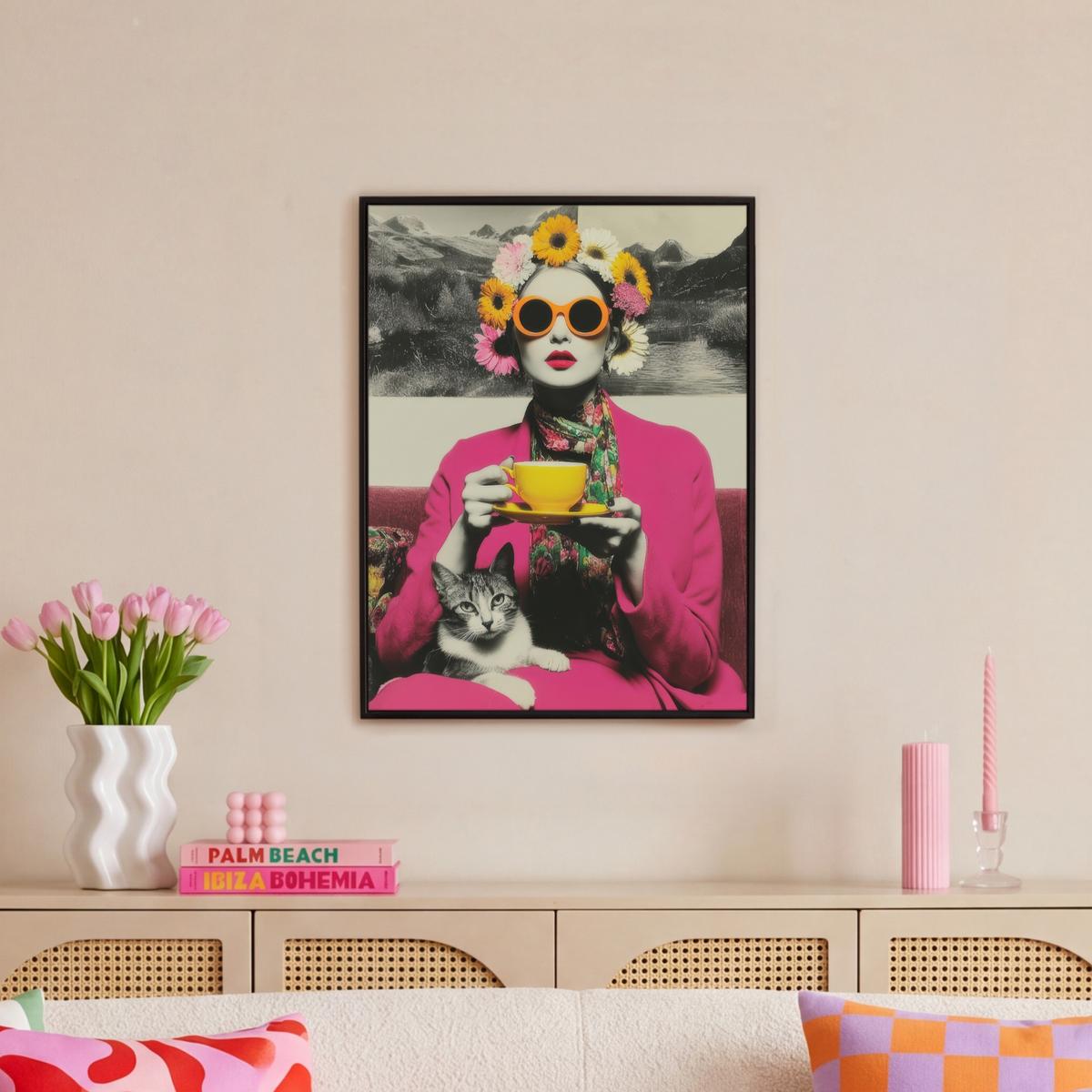 LEINWAND Bilder mit Rahmen - Frau - Katze - Blumen - Tasse - Retro - 60x80 - Magenta, Textil (60/80cm) - MuchoWow