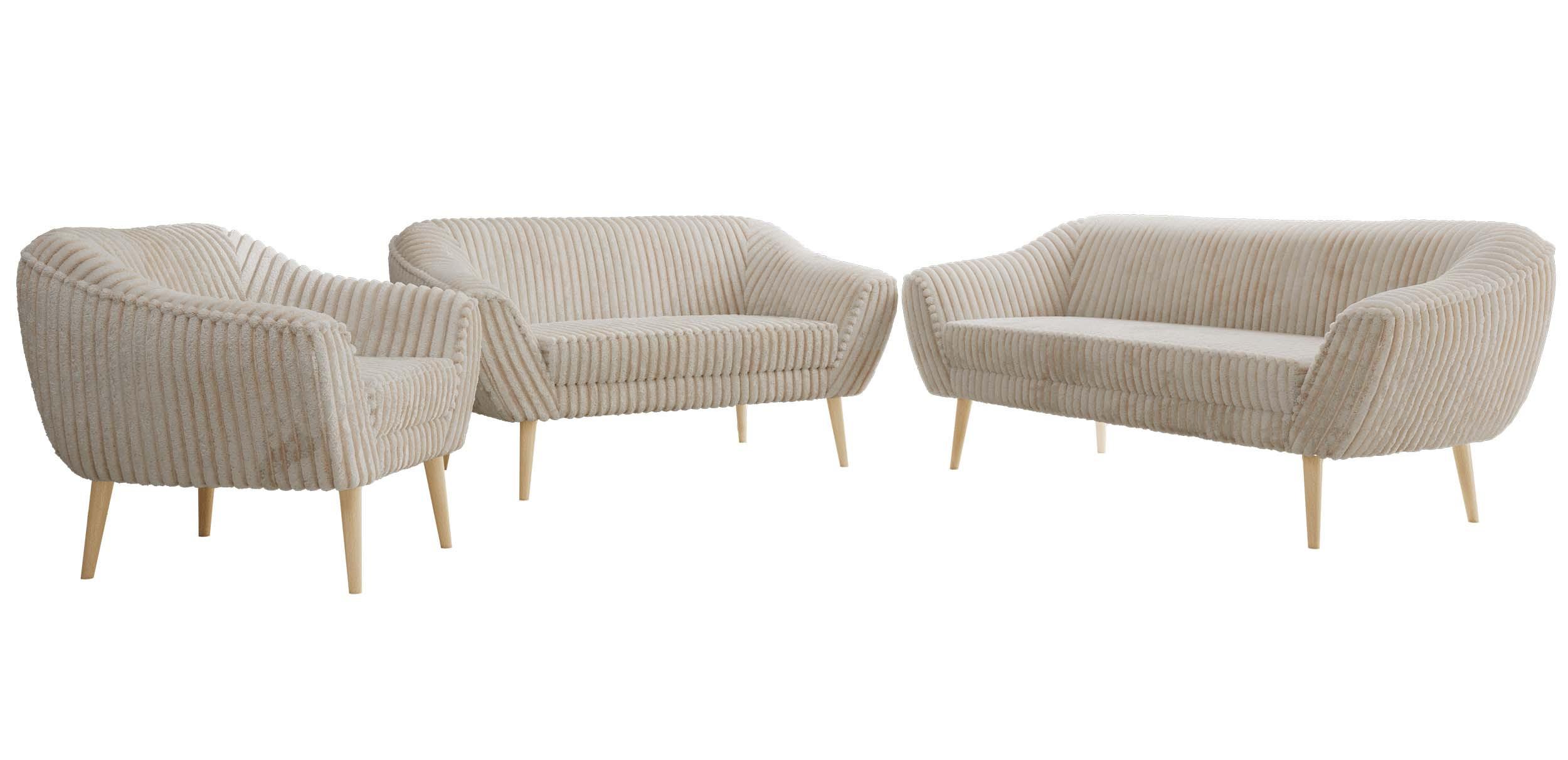 SITZGARNITUR PIRS 3+2+1 - Beige Cord - Holzbeine - Beige/Buchefarben, Holzwerkstoff/Textil (180/75/74cm) - MKS