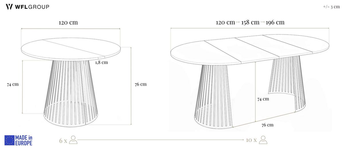 ESSTISCH Naro rund ausziehbar mit Schwarzem Lamellen-Metallgestell, Marmor Schwarz 120-200/120/76 cm - Anthrazit/Schwarz, Holzwerkstoff/Metall (120/196/76cm) - WFL GROUP