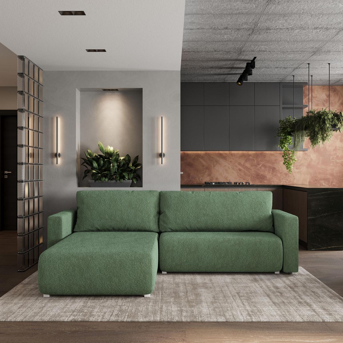 ECKSOFA TURIN N Grün Bucle-Stoff mit Schlaffunktion - Grau/Grün, Holz/Kunststoff (265/183cm) - MASSENO
