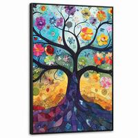 LEINWAND Bilder mit Rahmen - Kunst - Baum des Lebens - Blumen - Hippie - 100x150 - Dunkelblau, Textil (100/150cm) - MuchoWow
