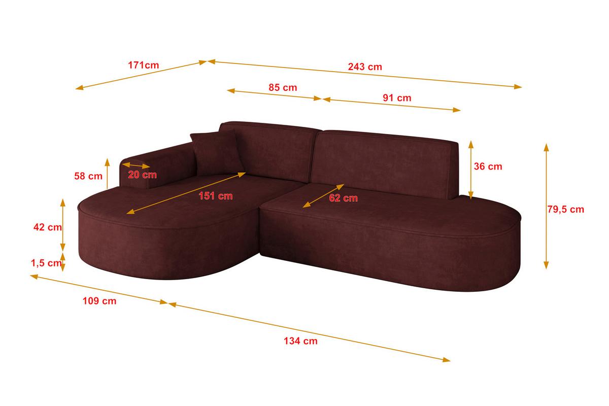ECKSOFA Ottomane Links MARI-L1 - 243x171x79 cm Bordeaux Velours - Bordeaux/Schwarz, Holzwerkstoff/Kunststoff (243/171cm) - ALTDECOR