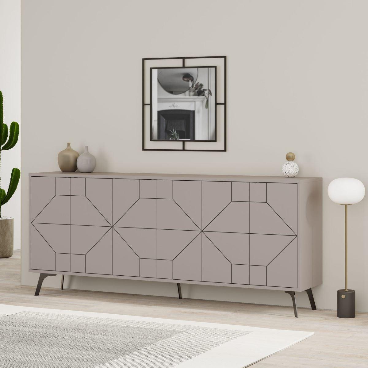 SIDEBOARD mit 6 dekorierten Türen L184 cm - Dune - Taupe, Holzwerkstoff (35/77.4/9cm) - Calicosy