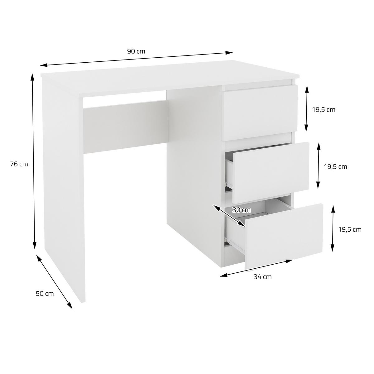 SCHREIBTISCH mit 3 Schubladen 90x76x50 cm Weiß matt - Weiß, Holzwerkstoff (90/50/76cm) - ML-DESIGN