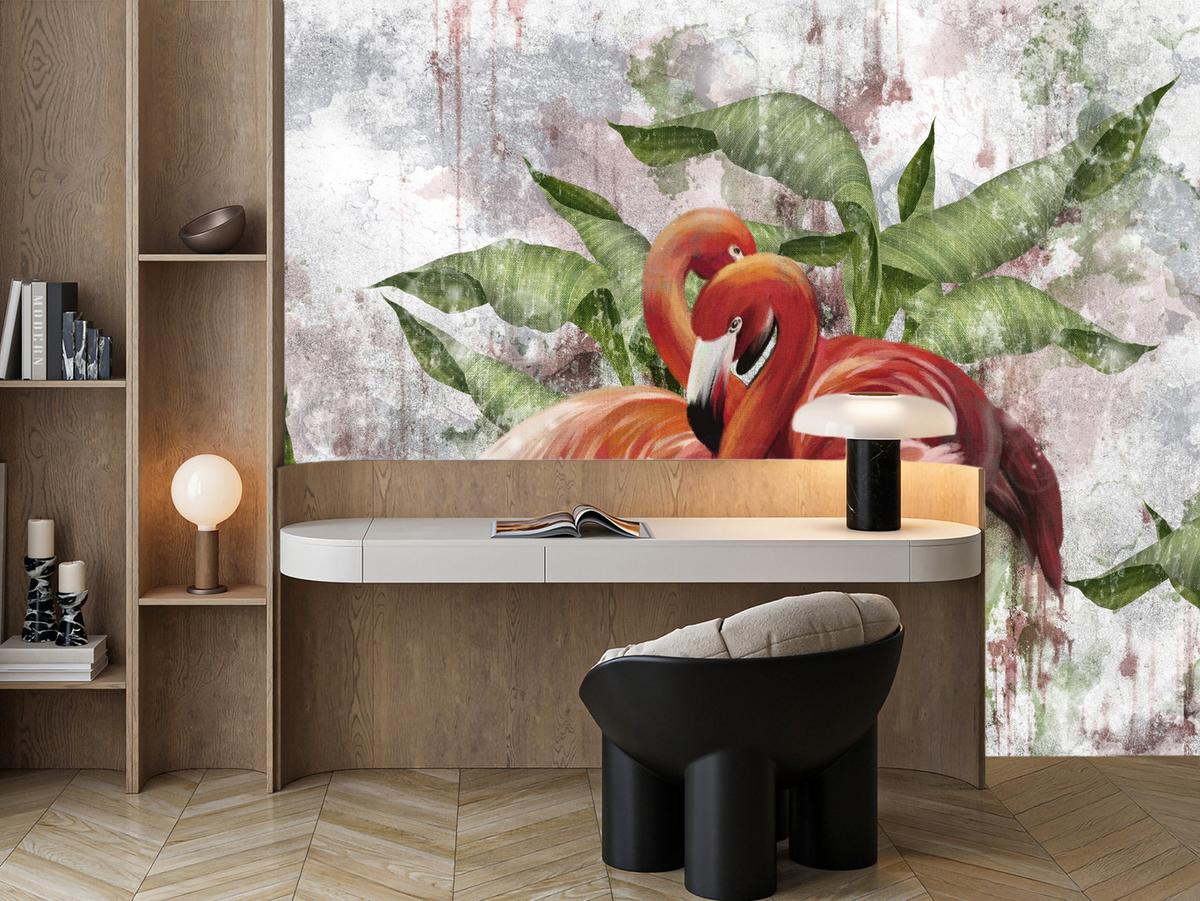 FOTOTAPETE für Schlafzimmer Abstrakte Flamingos Beton Tropische Blätter Palmen Natur 500x350 - Multicolor, Papier (500/350cm) - Muralo