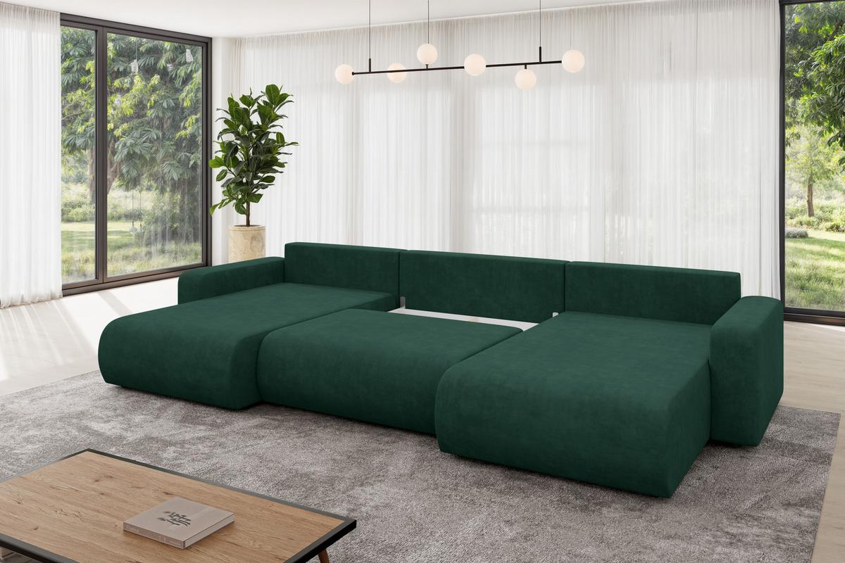WOHNLANDSCHAFT mit Schlaffunktion und Bettkasten BERY-U 377x193x88 Grün Velours - Schwarz/Grün, Holzwerkstoff/Kunststoff (377/88/193cm) - ALTDECOR