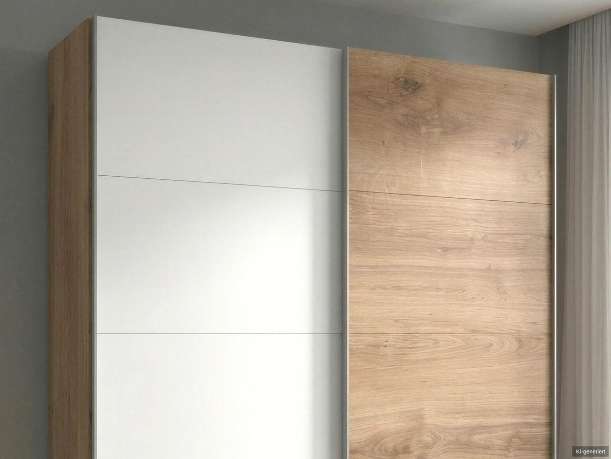 SCHWEBETÜRENSCHRANK 2-türig B179/H198/T65 cm, Kleiderschrank mit sichtbaren Schubkästen in Eiche Dekor, 1x Tür in Weiß / 22691 - Eichefarben/Alufarben, Holz/Holzwerkstoff (179/198/65cm) - luma-home