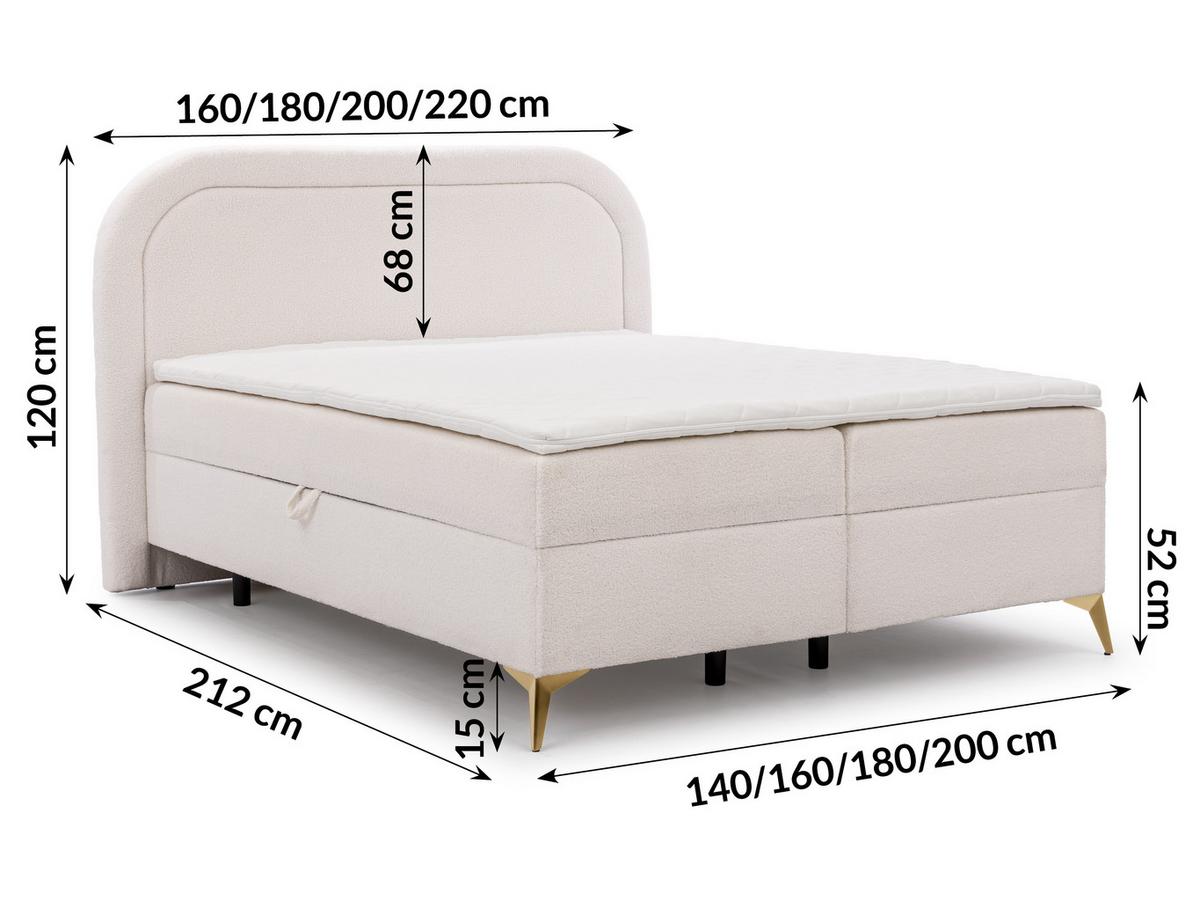 BOXBETT Sonna 200/200 cm Weiß Bouclé-Stoff mit abgerundetem Kopfteil und mit goldenen Metallfüße - Goldfarben/Weiß, Holz/Textil (200/200cm) - S-Style Möbel