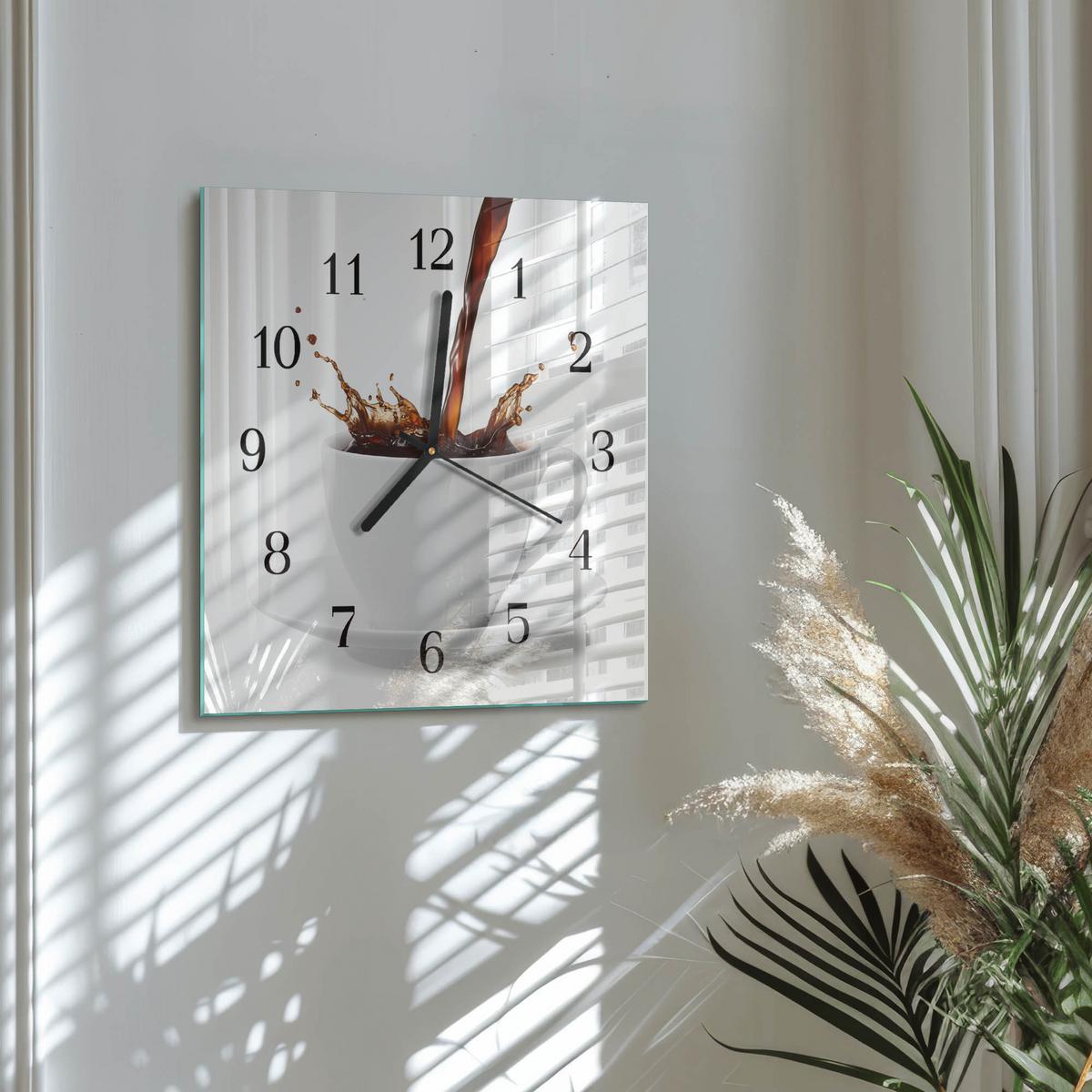 WANDUHR aus Glas 30x30 cm - Tasse Kaffee - Weiß, Glas (30/30/0.4cm) - TULUP