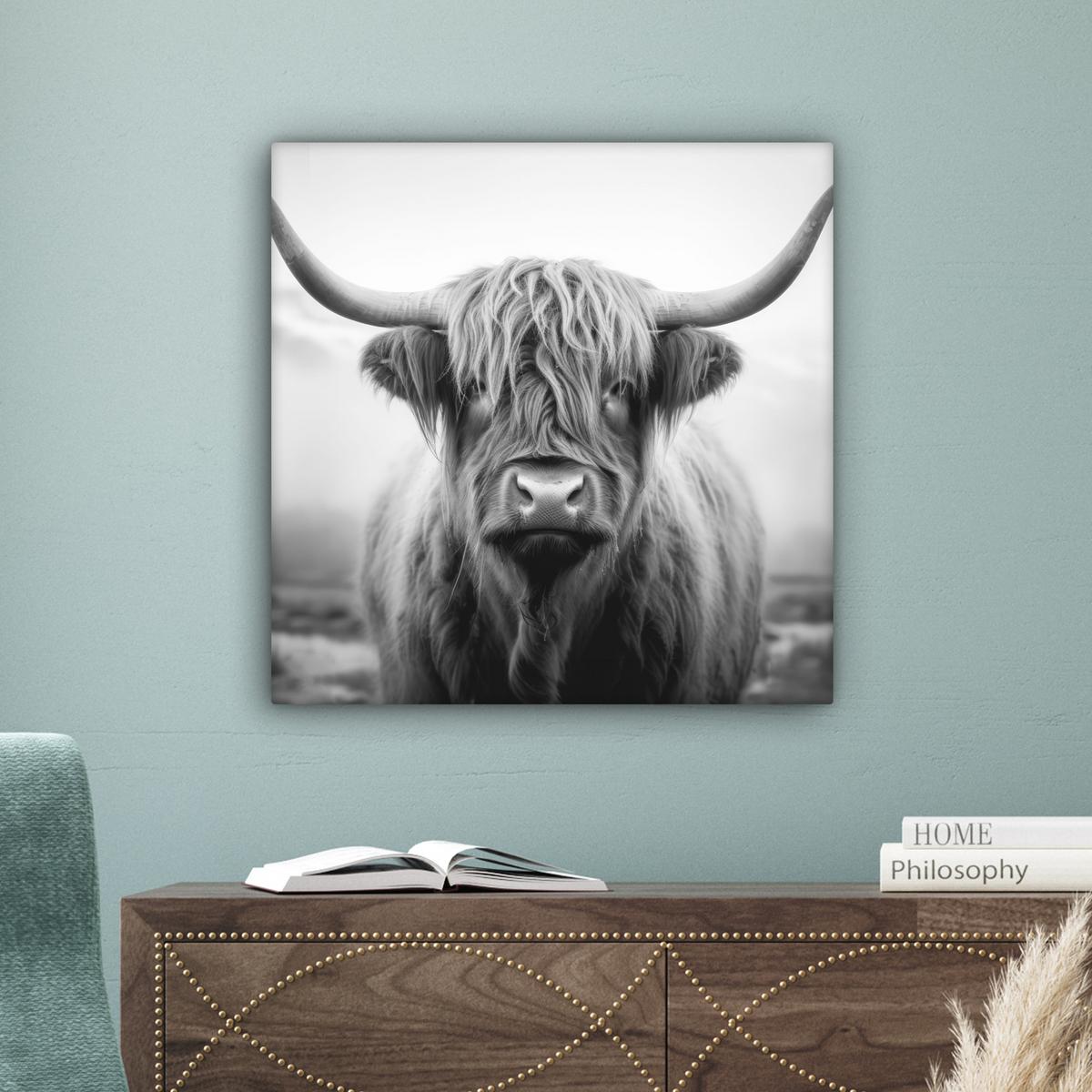 LEINWANDBILD Schottischer Highlander - Nebel - Schwarz - Weiß Wandbild Wohnzimmer 50x50 cm - Grau, Textil (50/50cm) - MuchoWow