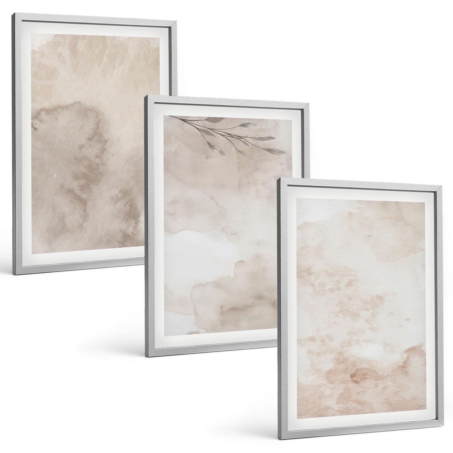 BILDER SET 3er Set - 40x60 cm Silberner Rahmen - Verschüttete Boho-Aquarellfarben - Silberfarben, Kunststoff (40/60cm) - TULUP