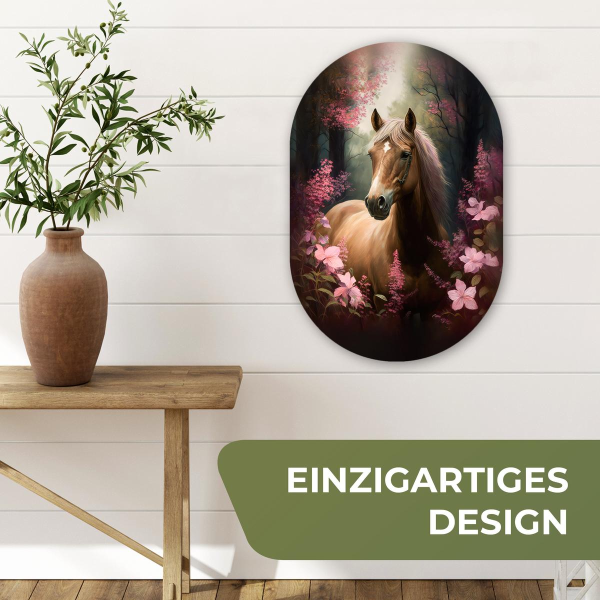 WANDBILD Pferd - Blumen - Rosa - Natur - Wald Deko Wohnzimmer 40x60 cm - Altrosa, Kunststoff (40/60cm) - MuchoWow