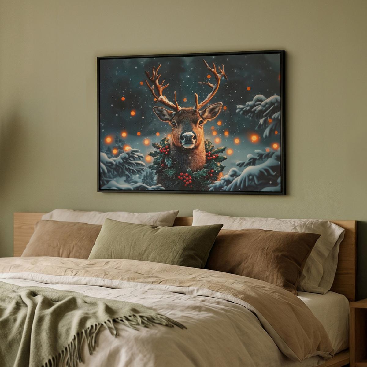 LEINWAND Bilder mit Rahmen - Hirsch - Weihnachten - Winter - Schnee - Weihnachtskranz - 80x60 - Dunkelbraun, Textil (80/60cm) - MuchoWow