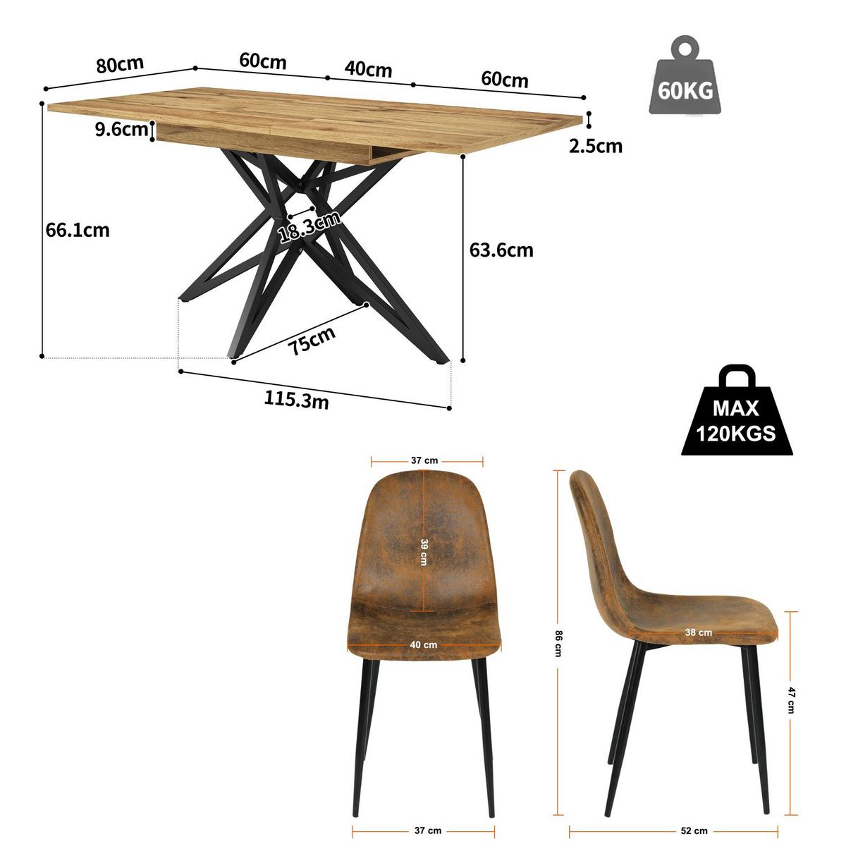 ESSTISCH-SET 1+4, ausziehbarer Tisch mit 4 Esszimmerstühlen - Walnussfarben/Schwarz, Holzwerkstoff (120/66.1/80cm) - Urban Meuble