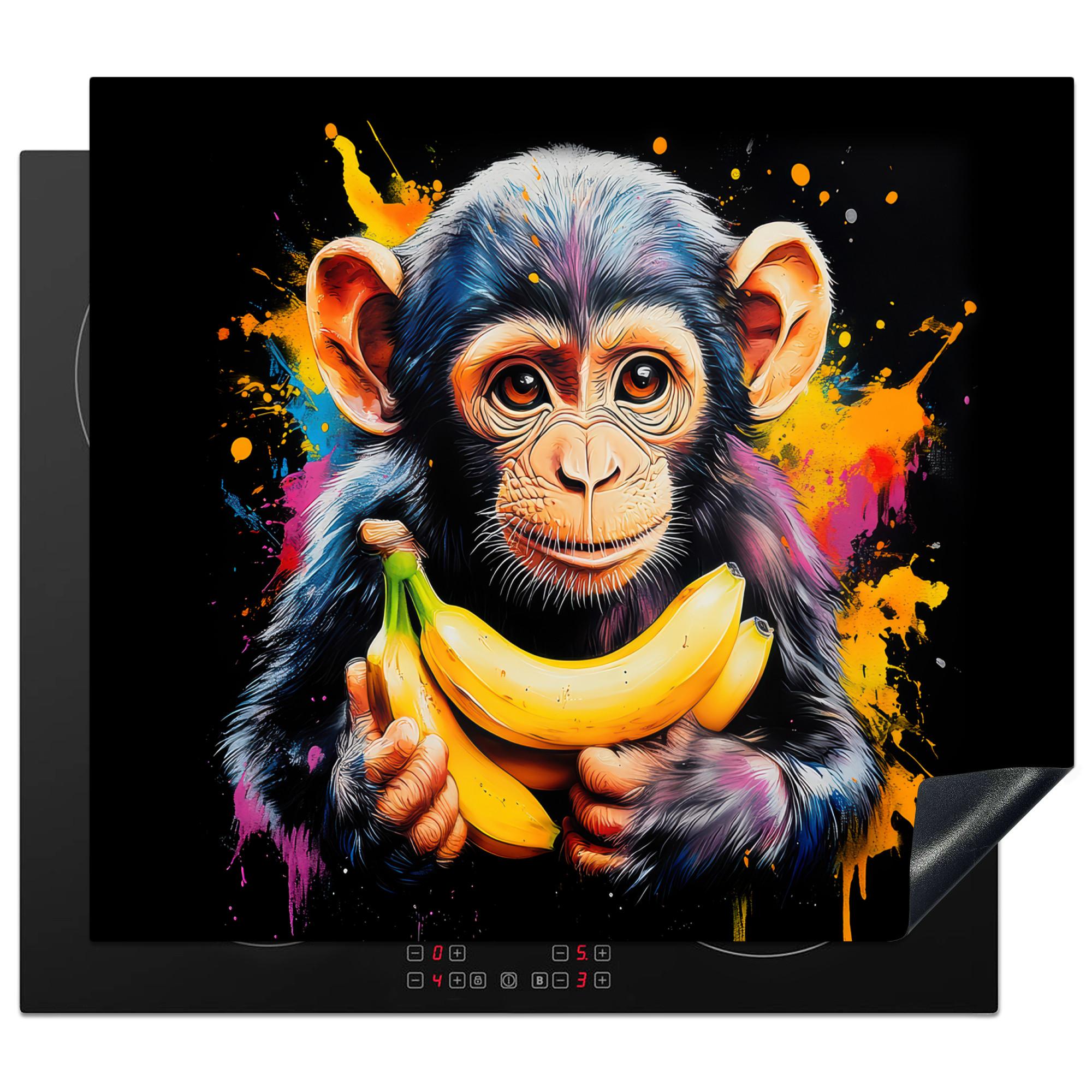 HERDABDECKPLATTE Affe - Graffiti - Farbenfroh - Bananen - Modern Ceranfeldabdeckung 59x52 cm - Gelb, Kunststoff (59/52/0.2cm) - MuchoWow