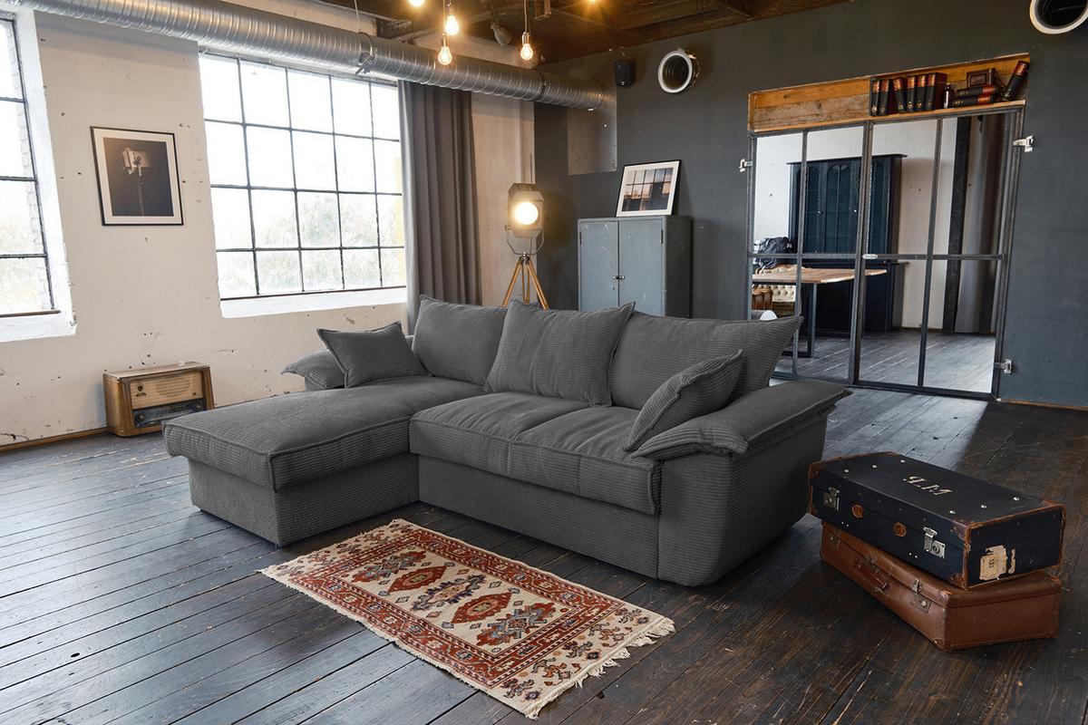 ECKSOFA DAMETO Grau Cord Mit Schlaffunktion - Schwarz/Grau, Kunststoff/Textil (266/174cm) - KAWOLA