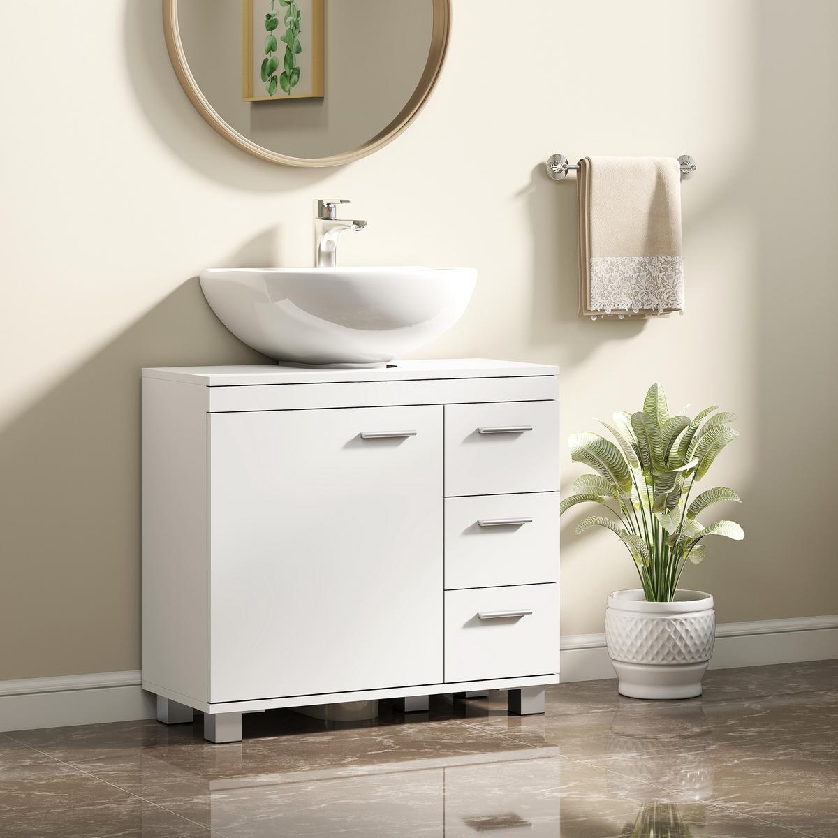 WASCHBECKENUNTERSCHRANK MDF Weiß - Silberfarben/Weiß, Holzwerkstoff/Kunststoff (30/64/70cm) - HOMCOM