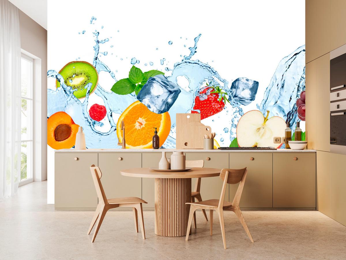 FOTOTAPETE für Küche Erfrischende Früchte Eis Wasser Orange Minze Zitrone Kiwi 500x350 - Gelb/Rot, Papier (500/350cm) - Muralo
