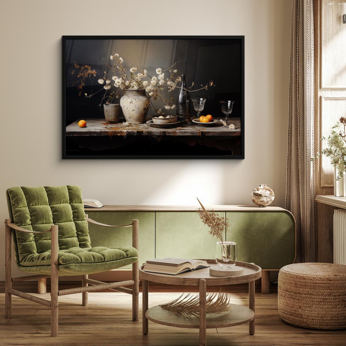 POSTER MIT RAHMENGERAHMTES BILD Stilleben - Blumen - Blumenstrauß - Vase - Wein 120x80 cm - Schwarz, Papier (120/80cm) - MuchoWow