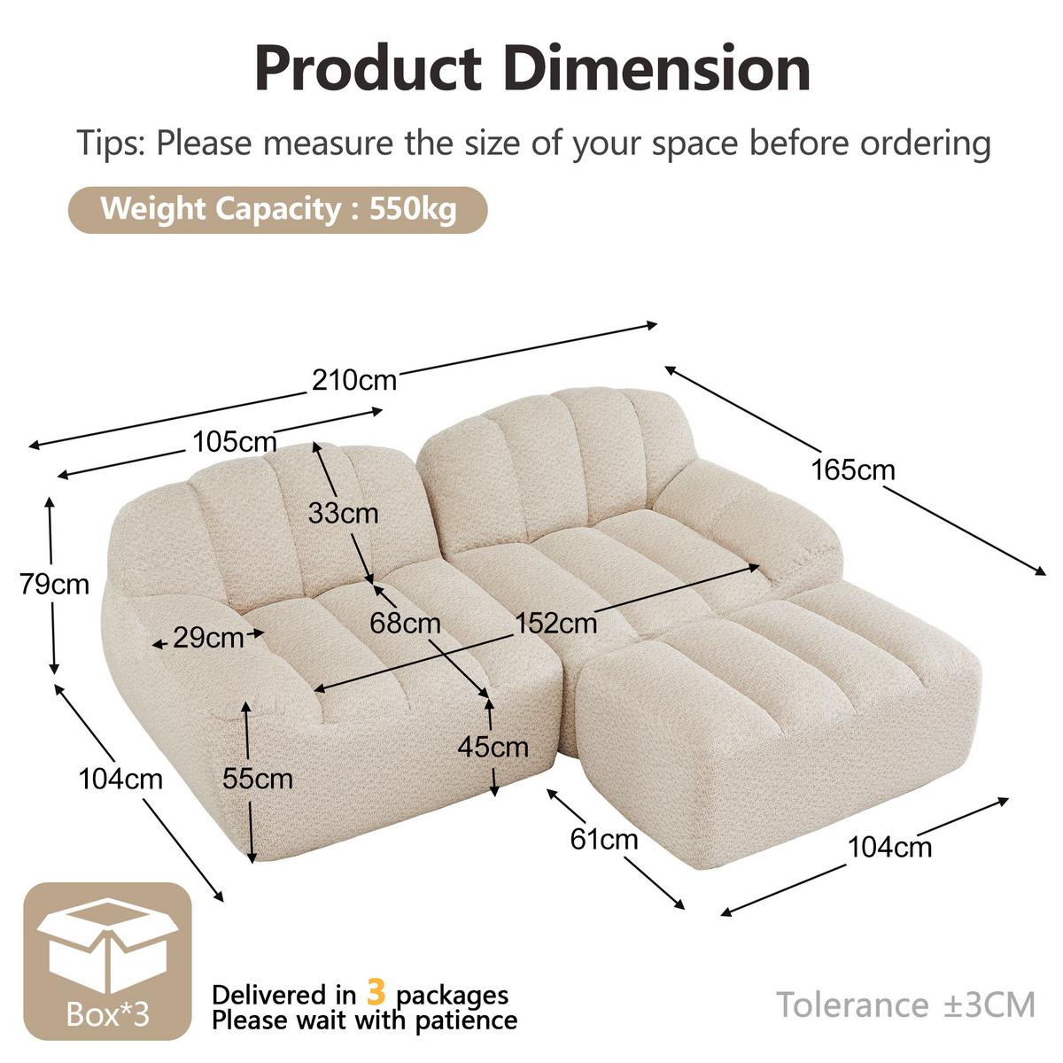 ECKSOFA aus granuliertem Fleece, frameless Lounge-Design ohne Montage - Creme, Textil (210/165cm) - Urban Meuble