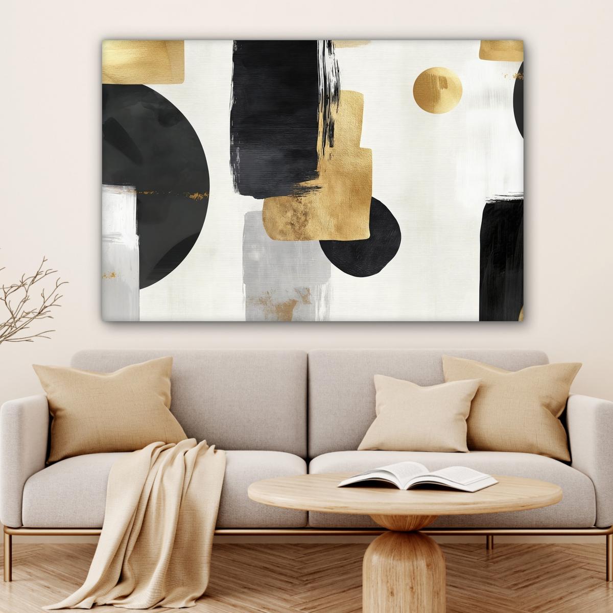 LEINWANDBILD Gold - Rechtecke - Kreise - Abstrakt Wohnzimmer Groß 120x80 cm - Weiß, Textil (120/80cm) - MuchoWow